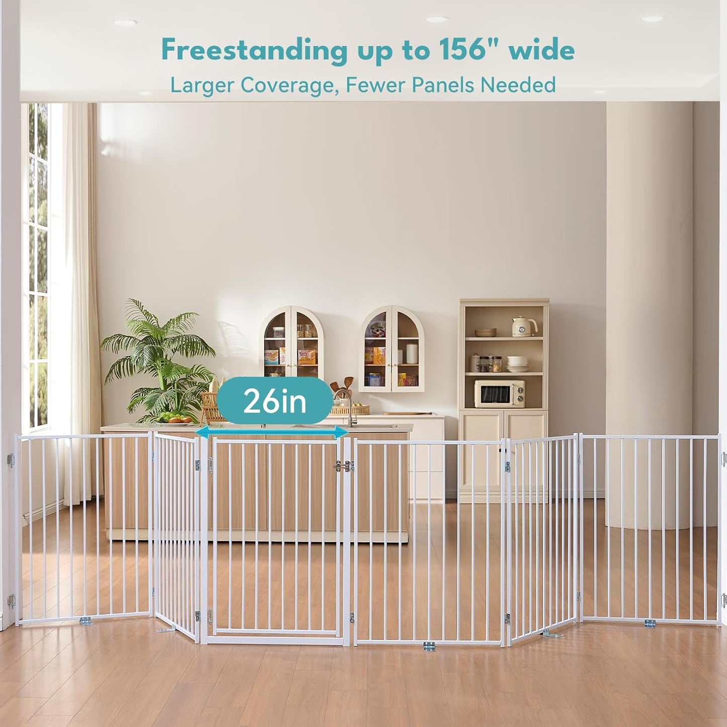Free Standing Dog Gate with Door, 36'' Tall Foldable Dog Fence for Indoor & Outdoor, Up to 104 Inch Extra Wide Puppy Gate for Stairs, Hallways, Doorways, Deck, Yard (White, 4 Panels)