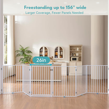 Free Standing Dog Gate with Door, 36'' Tall Foldable Dog Fence for Indoor & Outdoor, Up to 104 Inch Extra Wide Puppy Gate for Stairs, Hallways, Doorways, Deck, Yard (White, 4 Panels)
