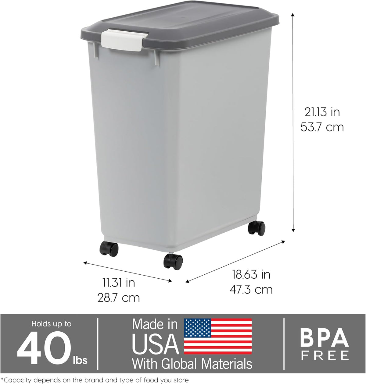 Dog Food Storage Container, Up to 40 lbs, Gray/Dark Gray