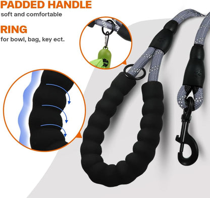 Rope Dog Leash for Medium Large Dogs, 6 FT Padded Handle, Black