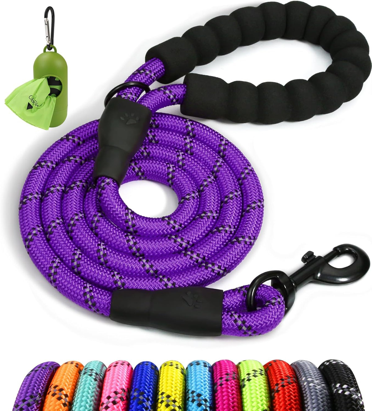 Rope Dog Leash for Medium Large Dogs, 6 FT Padded Handle, Black