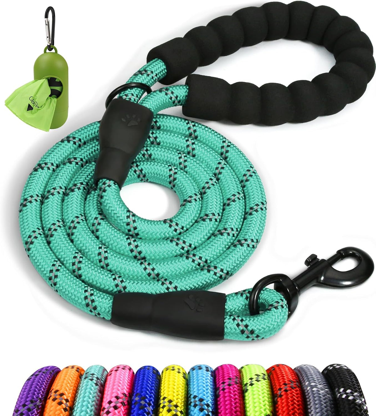 Rope Dog Leash for Medium Large Dogs, 6 FT Padded Handle, Black