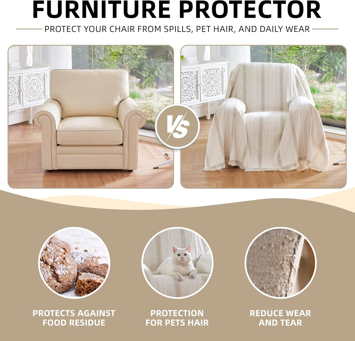 Couch Cover for Dogs Washable Sofa Cover, Sectional Couch Covers, Sofa Covers for 2 Cushion Couch, Non Slip Stripe Sofa Slipcovers Furniture Protector (Beige, 71x102)