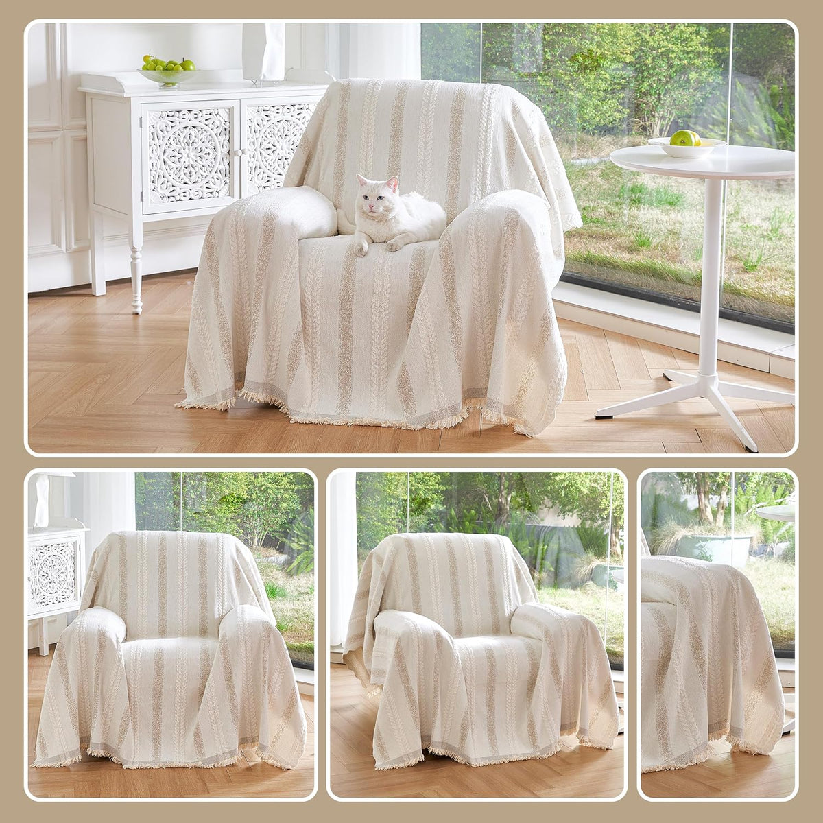 Couch Cover for Dogs Washable Sofa Cover, Sectional Couch Covers, Sofa Covers for 2 Cushion Couch, Non Slip Stripe Sofa Slipcovers Furniture Protector (Beige, 71x102)