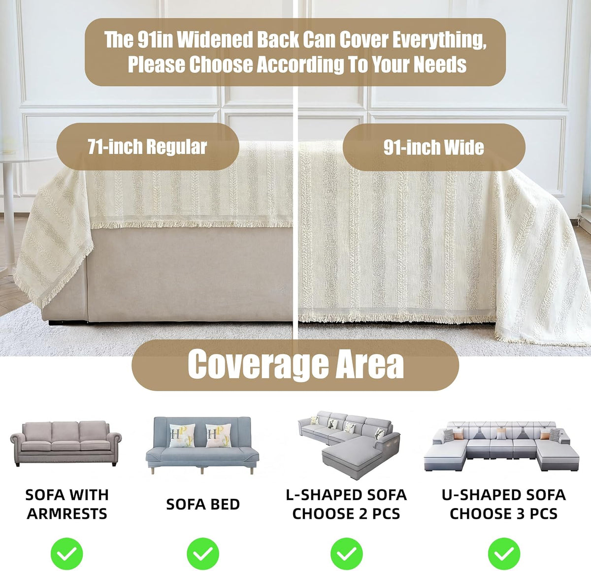 Couch Cover for Dogs Washable Sofa Cover, Sectional Couch Covers, Sofa Covers for 2 Cushion Couch, Non Slip Stripe Sofa Slipcovers Furniture Protector (Beige, 71x102)