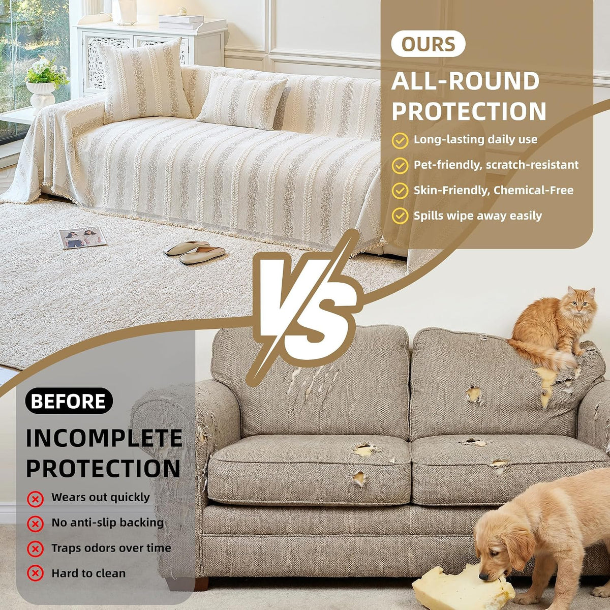 Couch Cover for Dogs Washable Sofa Cover, Sectional Couch Covers, Sofa Covers for 2 Cushion Couch, Non Slip Stripe Sofa Slipcovers Furniture Protector (Beige, 71x102)