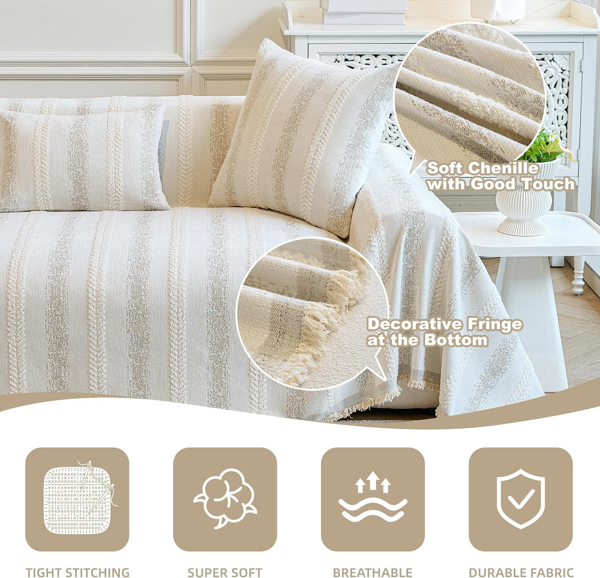 Couch Cover for Dogs Washable Sofa Cover, Sectional Couch Covers, Sofa Covers for 2 Cushion Couch, Non Slip Stripe Sofa Slipcovers Furniture Protector (Beige, 71x102)