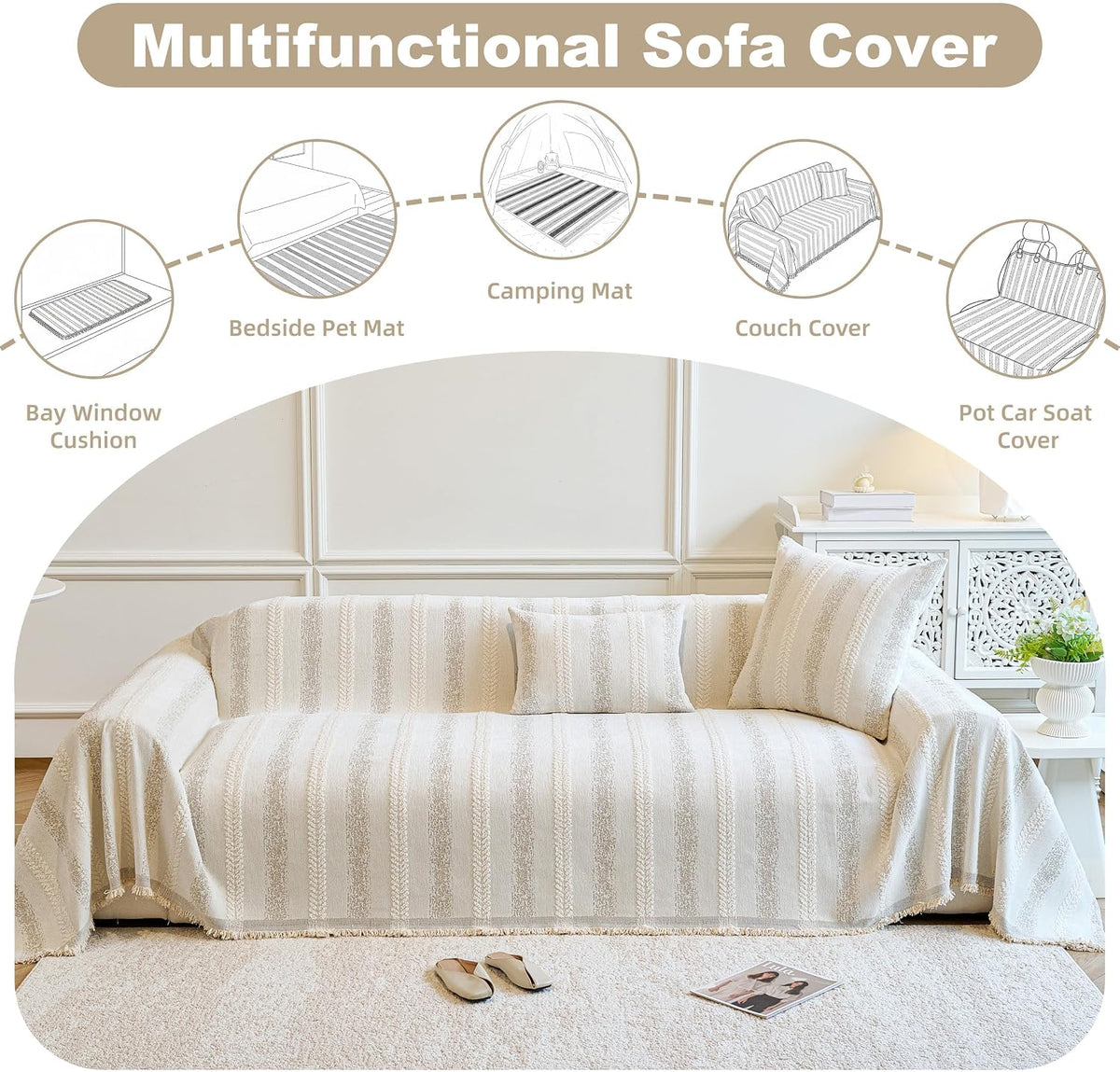 Couch Cover for Dogs Washable Sofa Cover, Sectional Couch Covers, Sofa Covers for 2 Cushion Couch, Non Slip Stripe Sofa Slipcovers Furniture Protector (Beige, 71x102)