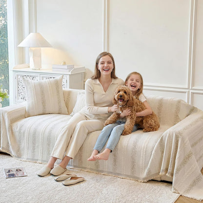 Couch Cover for Dogs Washable Sofa Cover, Sectional Couch Covers, Sofa Covers for 2 Cushion Couch, Non Slip Stripe Sofa Slipcovers Furniture Protector (Beige, 71x102)
