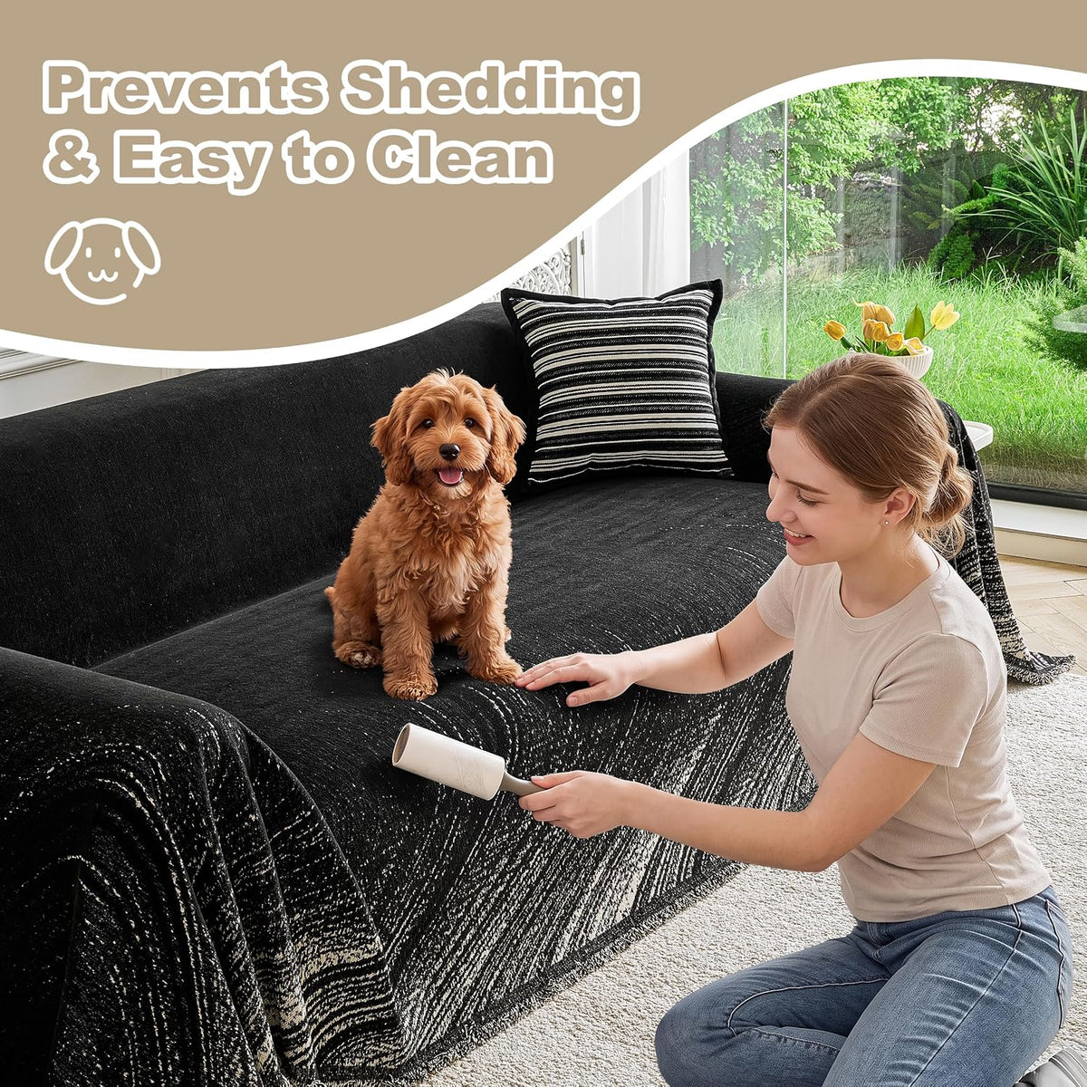Couch Cover for Dogs Washable Sofa Cover, Sectional Couch Covers, Sofa Covers for 2 Cushion Couch, Non Slip Stripe Sofa Slipcovers Furniture Protector (Beige, 71x102)
