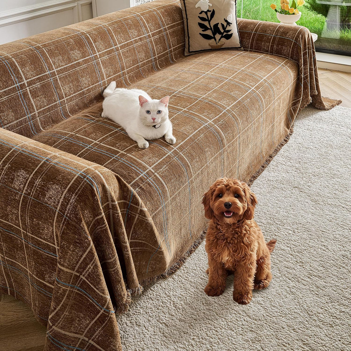 Couch Cover for Dogs Washable Sofa Cover, Sectional Couch Covers, Sofa Covers for 2 Cushion Couch, Non Slip Stripe Sofa Slipcovers Furniture Protector (Beige, 71x102)