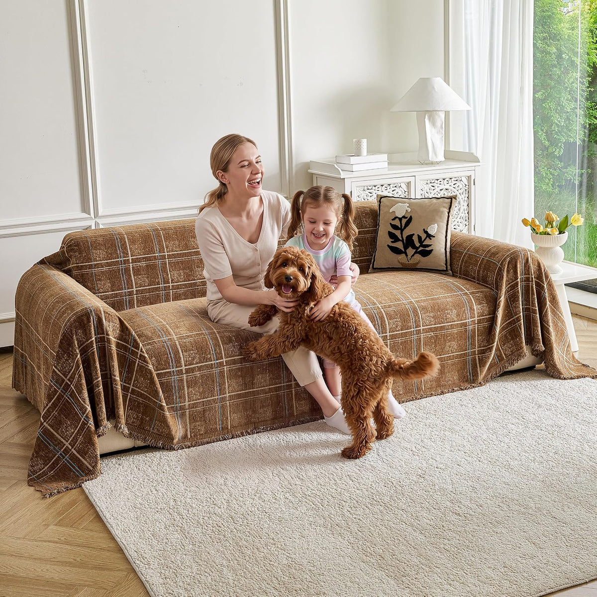 Couch Cover for Dogs Washable Sofa Cover, Sectional Couch Covers, Sofa Covers for 2 Cushion Couch, Non Slip Stripe Sofa Slipcovers Furniture Protector (Beige, 71x102)