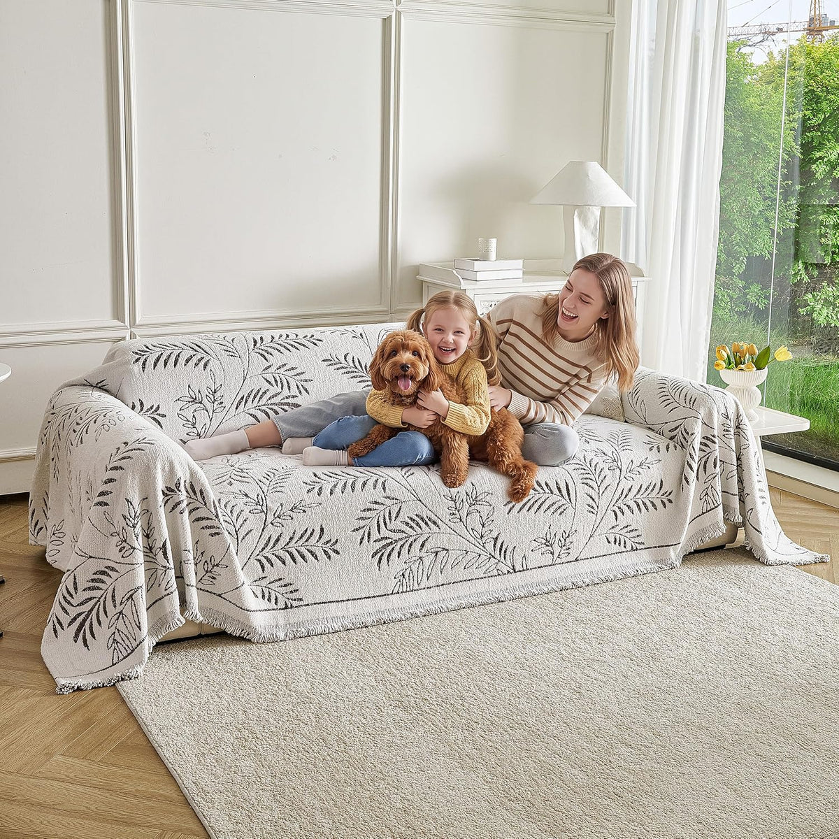 Couch Cover for Dogs Washable Sofa Cover, Sectional Couch Covers, Sofa Covers for 2 Cushion Couch, Non Slip Stripe Sofa Slipcovers Furniture Protector (Beige, 71x102)