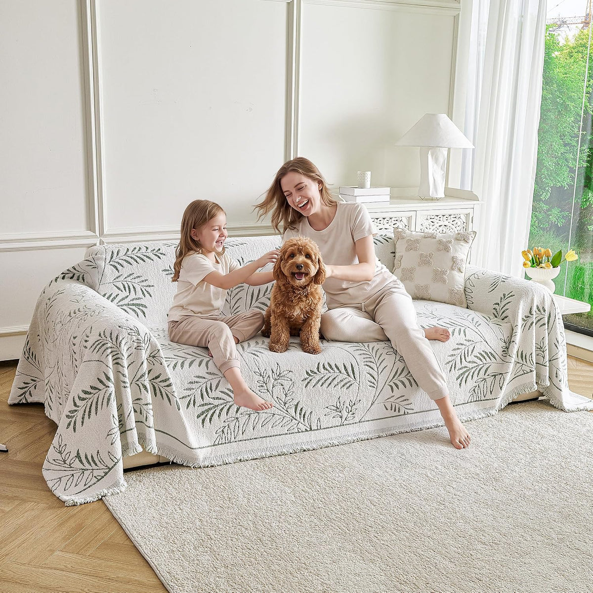 Couch Cover for Dogs Washable Sofa Cover, Sectional Couch Covers, Sofa Covers for 2 Cushion Couch, Non Slip Stripe Sofa Slipcovers Furniture Protector (Beige, 71x102)