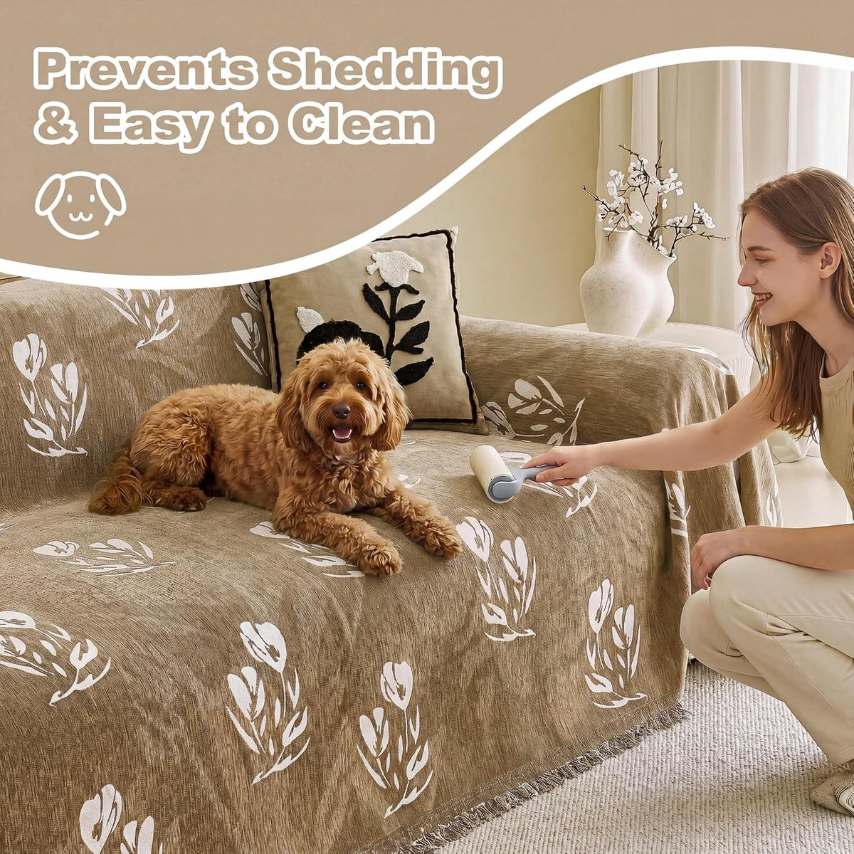 Couch Cover for Dogs Washable Sofa Cover, Sectional Couch Covers, Sofa Covers for 2 Cushion Couch, Non Slip Stripe Sofa Slipcovers Furniture Protector (Beige, 71x102)