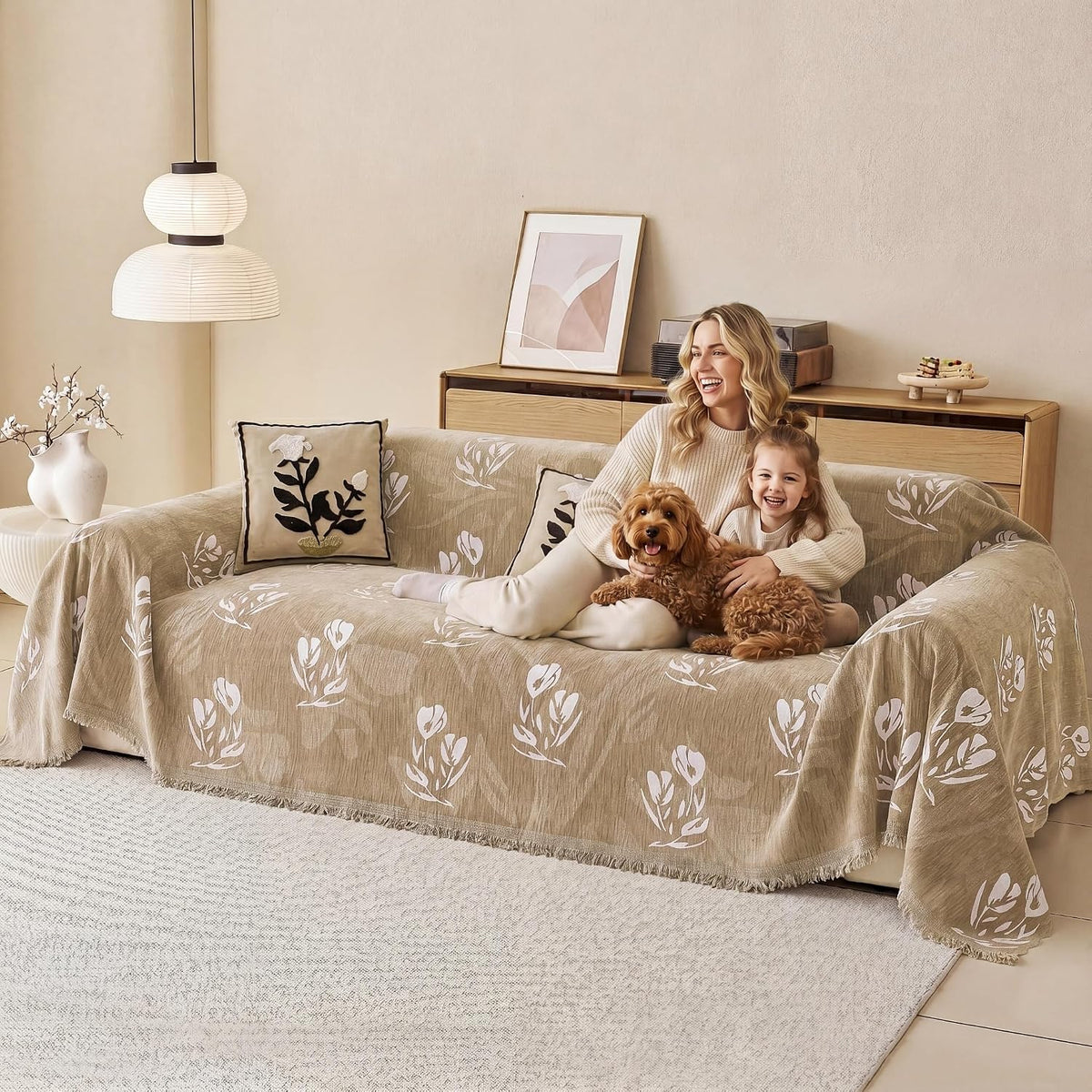 Couch Cover for Dogs Washable Sofa Cover, Sectional Couch Covers, Sofa Covers for 2 Cushion Couch, Non Slip Stripe Sofa Slipcovers Furniture Protector (Beige, 71x102)