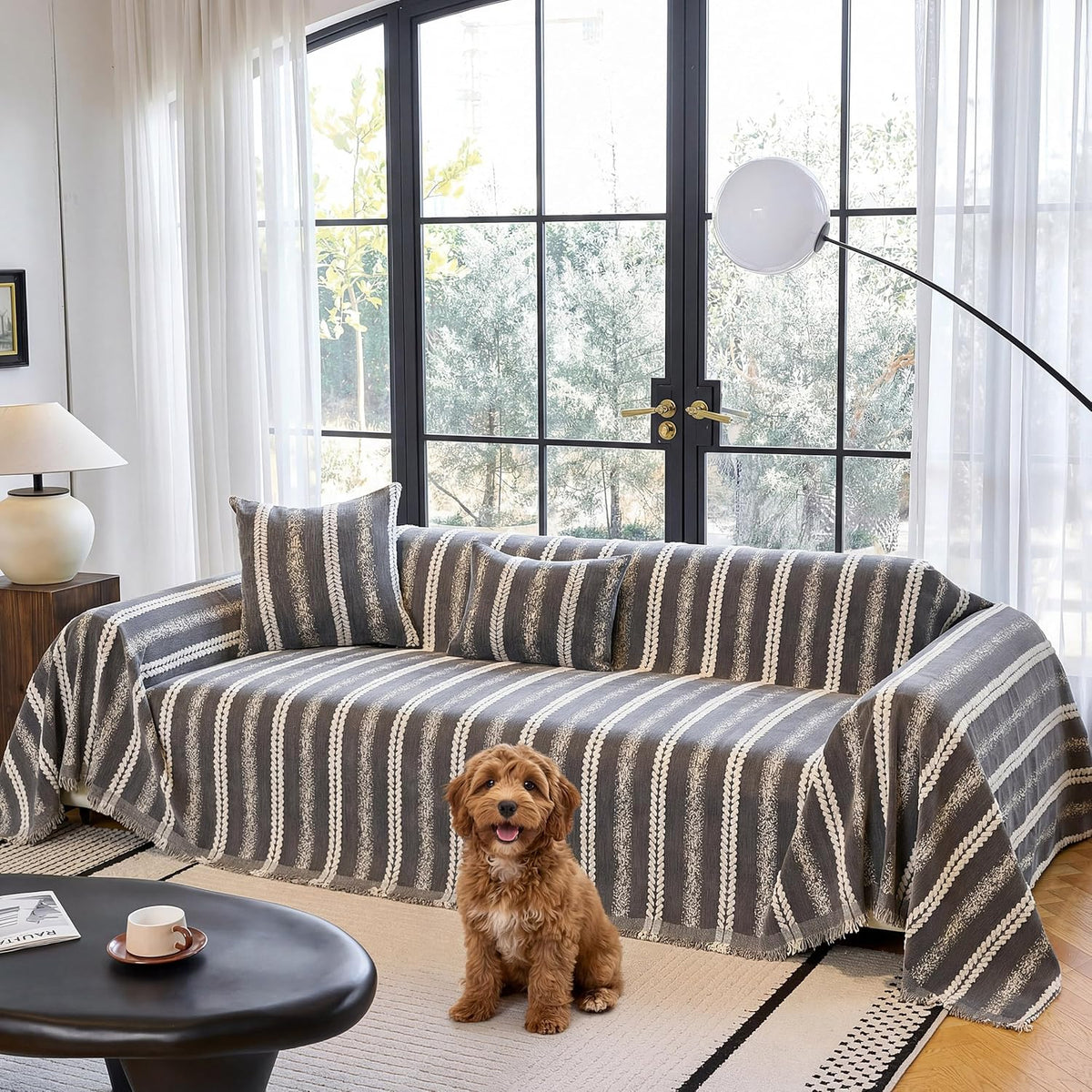 Couch Cover for Dogs Washable Sofa Cover, Sectional Couch Covers, Sofa Covers for 2 Cushion Couch, Non Slip Stripe Sofa Slipcovers Furniture Protector (Beige, 71x102)