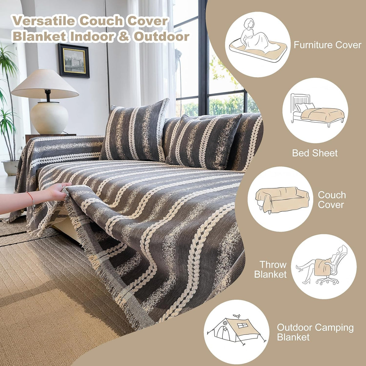 Couch Cover for Dogs Washable Sofa Cover, Sectional Couch Covers, Sofa Covers for 2 Cushion Couch, Non Slip Stripe Sofa Slipcovers Furniture Protector (Beige, 71x102)