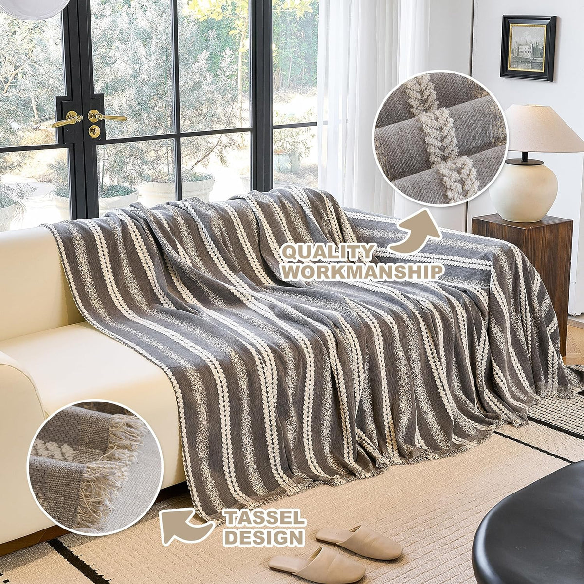 Couch Cover for Dogs Washable Sofa Cover, Sectional Couch Covers, Sofa Covers for 2 Cushion Couch, Non Slip Stripe Sofa Slipcovers Furniture Protector (Beige, 71x102)