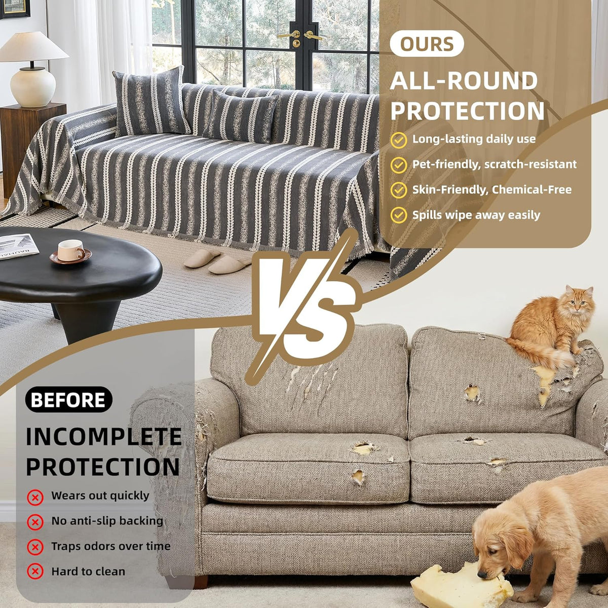 Couch Cover for Dogs Washable Sofa Cover, Sectional Couch Covers, Sofa Covers for 2 Cushion Couch, Non Slip Stripe Sofa Slipcovers Furniture Protector (Beige, 71x102)