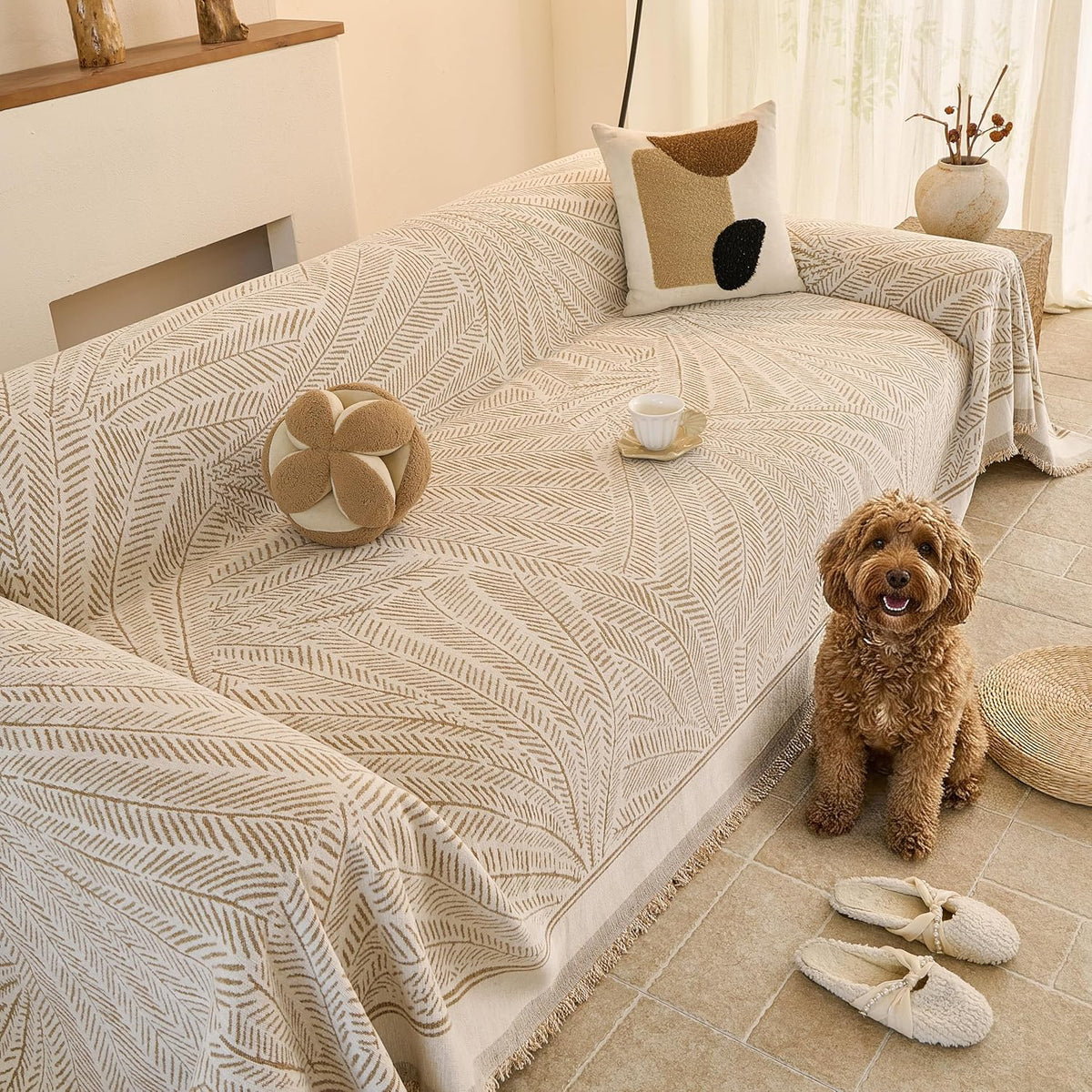 Couch Cover for Dogs Washable Sofa Cover, Sectional Couch Covers, Sofa Covers for 2 Cushion Couch, Non Slip Stripe Sofa Slipcovers Furniture Protector (Beige, 71x102)