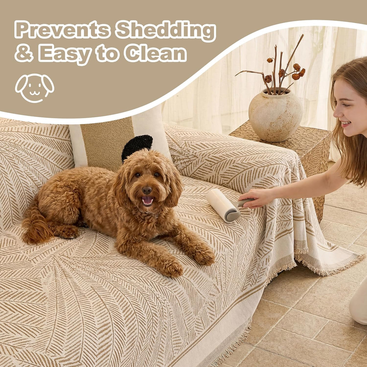 Couch Cover for Dogs Washable Sofa Cover, Sectional Couch Covers, Sofa Covers for 2 Cushion Couch, Non Slip Stripe Sofa Slipcovers Furniture Protector (Beige, 71x102)