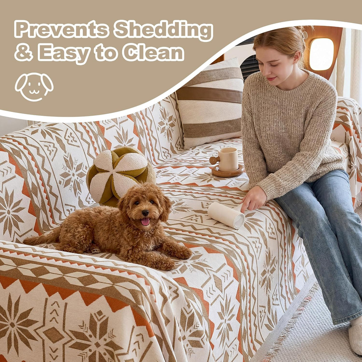 Couch Cover for Dogs Washable Sofa Cover, Sectional Couch Covers, Sofa Covers for 2 Cushion Couch, Non Slip Stripe Sofa Slipcovers Furniture Protector (Beige, 71x102)