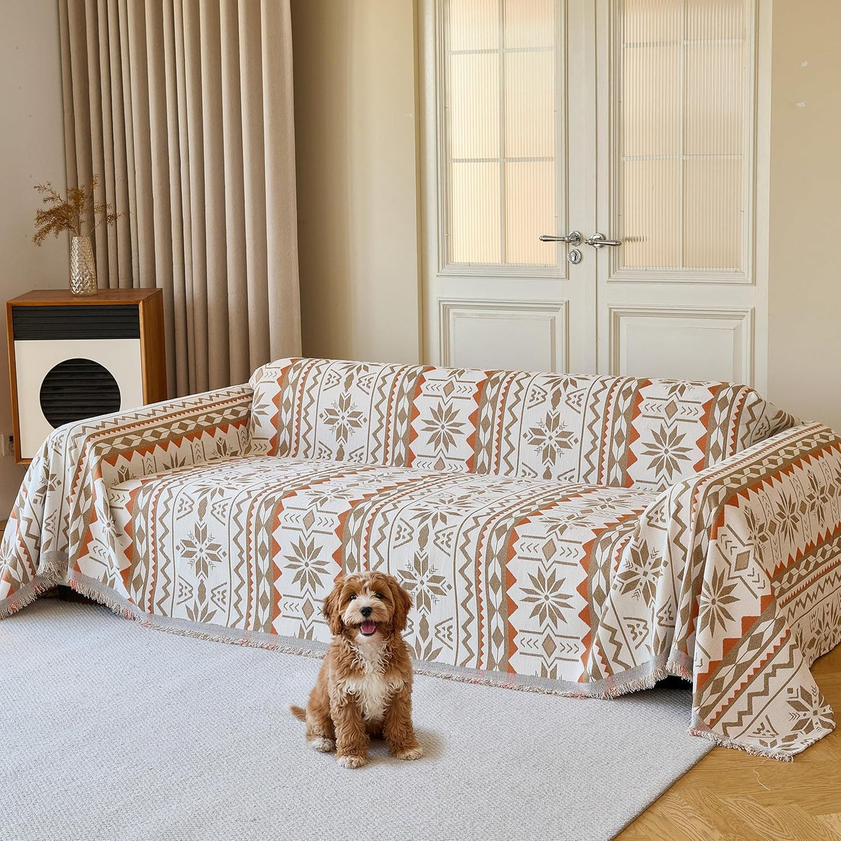 Couch Cover for Dogs Washable Sofa Cover, Sectional Couch Covers, Sofa Covers for 2 Cushion Couch, Non Slip Stripe Sofa Slipcovers Furniture Protector (Beige, 71x102)