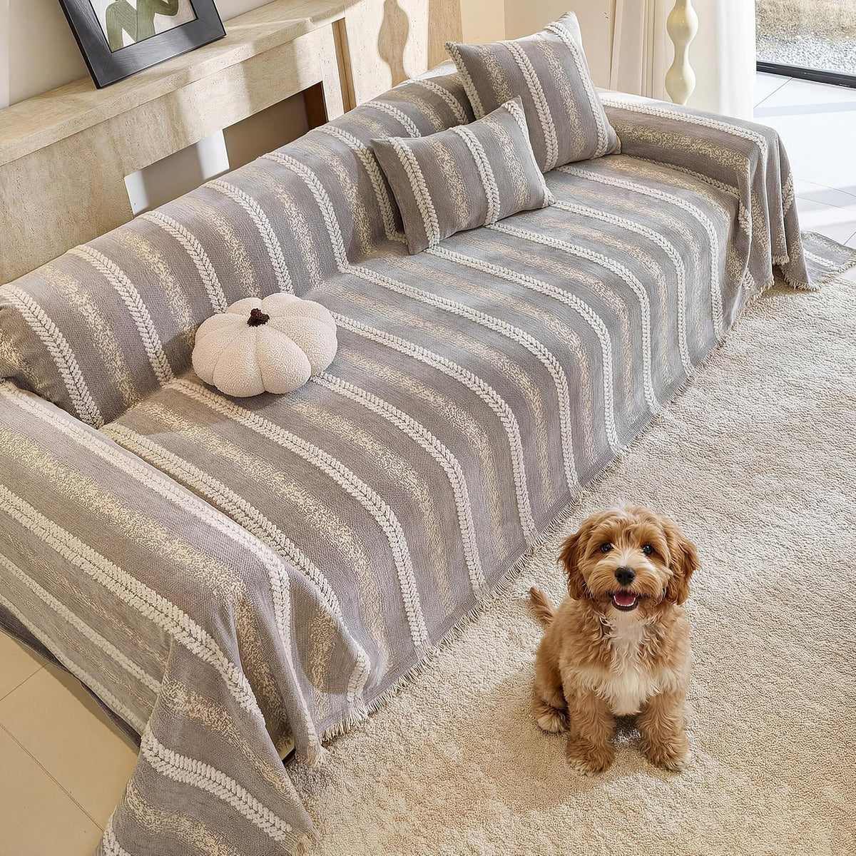 Couch Cover for Dogs Washable Sofa Cover, Sectional Couch Covers, Sofa Covers for 2 Cushion Couch, Non Slip Stripe Sofa Slipcovers Furniture Protector (Beige, 71x102)
