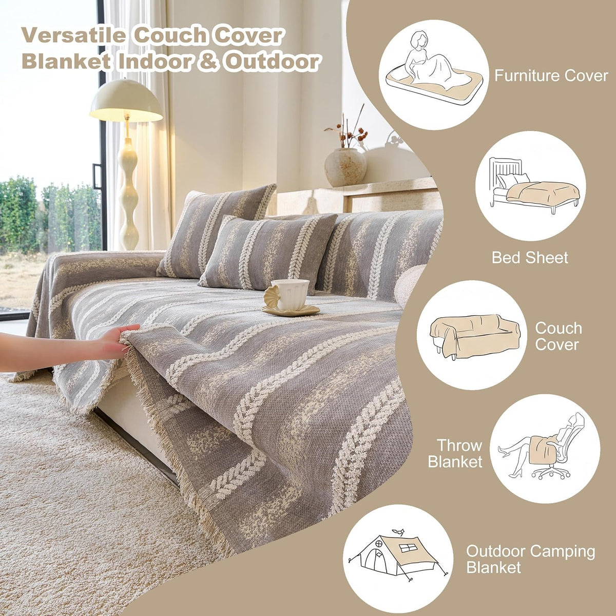 Couch Cover for Dogs Washable Sofa Cover, Sectional Couch Covers, Sofa Covers for 2 Cushion Couch, Non Slip Stripe Sofa Slipcovers Furniture Protector (Beige, 71x102)