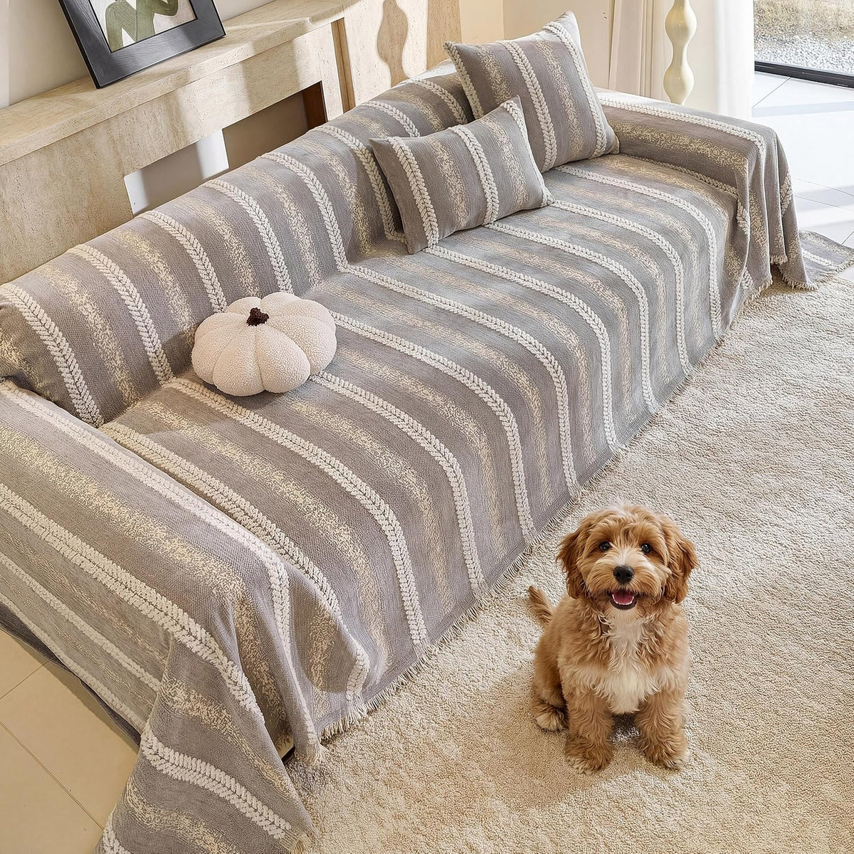 Couch Cover for Dogs Washable Sofa Cover, Sectional Couch Covers, Sofa Covers for 2 Cushion Couch, Non Slip Stripe Sofa Slipcovers Furniture Protector (Beige, 71x102)