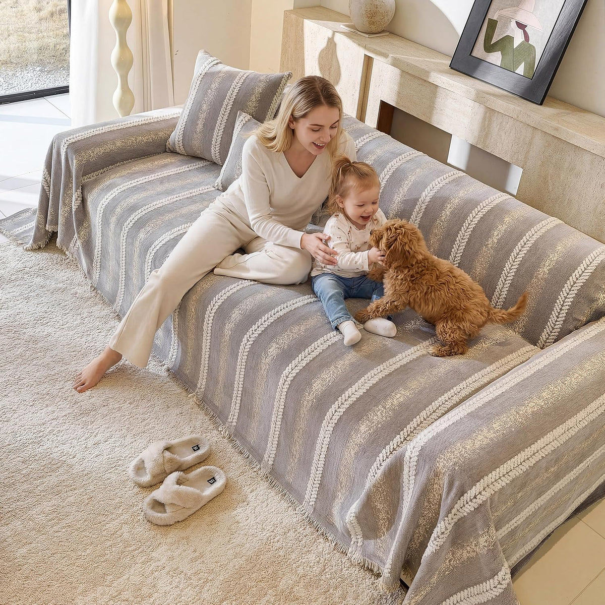 Couch Cover for Dogs Washable Sofa Cover, Sectional Couch Covers, Sofa Covers for 2 Cushion Couch, Non Slip Stripe Sofa Slipcovers Furniture Protector (Beige, 71x102)