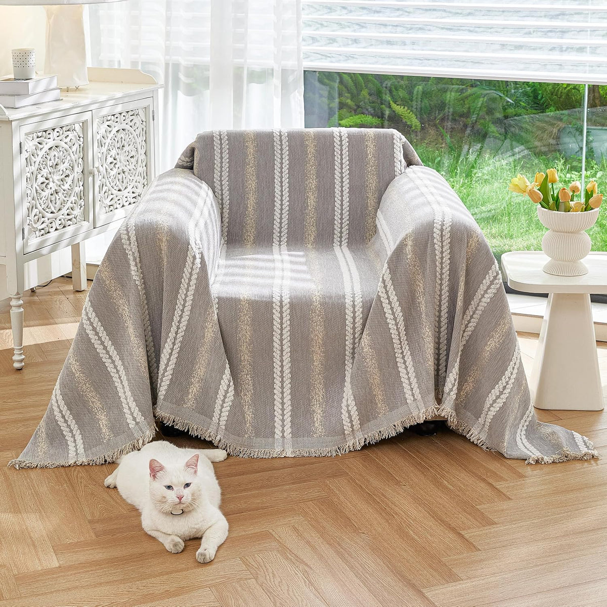 Couch Cover for Dogs Washable Sofa Cover, Sectional Couch Covers, Sofa Covers for 2 Cushion Couch, Non Slip Stripe Sofa Slipcovers Furniture Protector (Beige, 71x102)