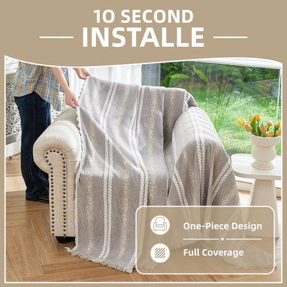 Couch Cover for Dogs Washable Sofa Cover, Sectional Couch Covers, Sofa Covers for 2 Cushion Couch, Non Slip Stripe Sofa Slipcovers Furniture Protector (Beige, 71x102)