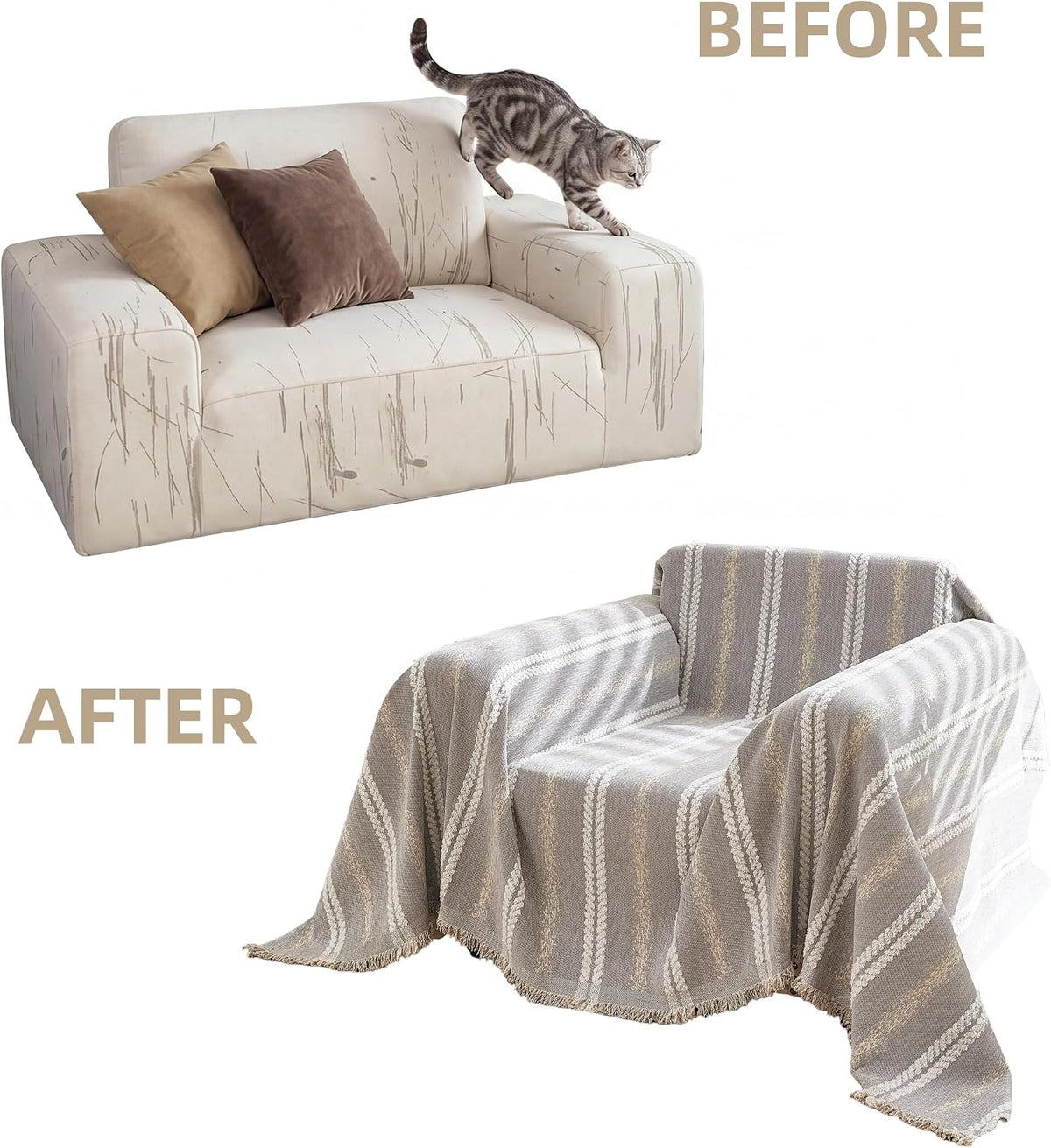 Couch Cover for Dogs Washable Sofa Cover, Sectional Couch Covers, Sofa Covers for 2 Cushion Couch, Non Slip Stripe Sofa Slipcovers Furniture Protector (Beige, 71x102)
