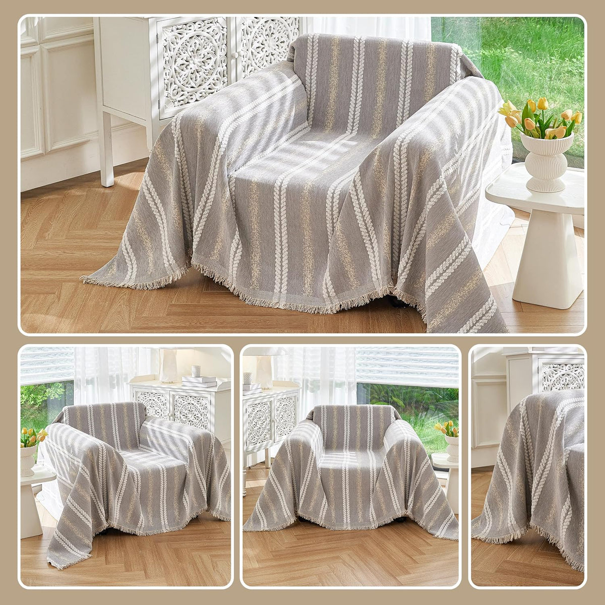 Couch Cover for Dogs Washable Sofa Cover, Sectional Couch Covers, Sofa Covers for 2 Cushion Couch, Non Slip Stripe Sofa Slipcovers Furniture Protector (Beige, 71x102)