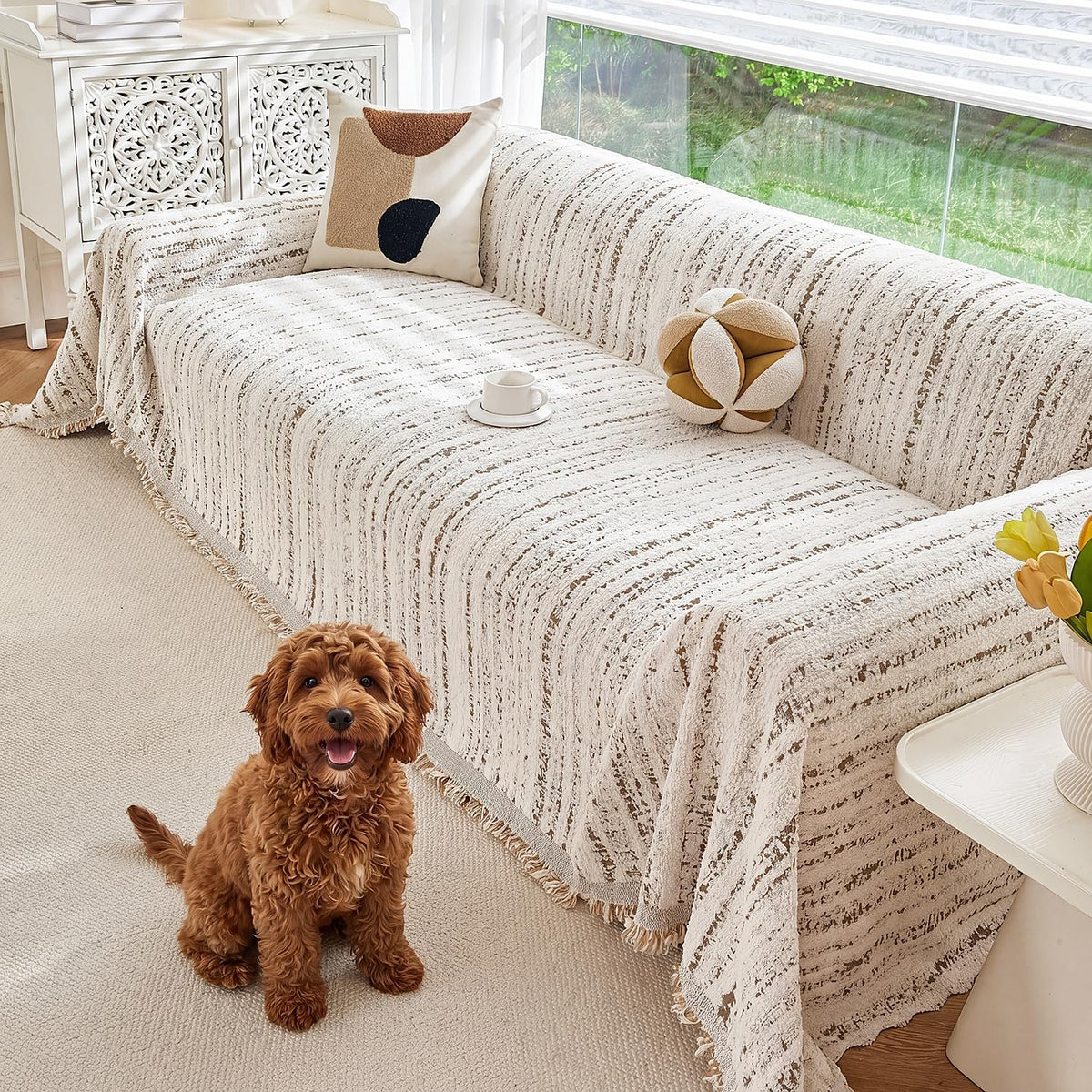 Couch Cover for Dogs Washable Sofa Cover, Sectional Couch Covers, Sofa Covers for 2 Cushion Couch, Non Slip Stripe Sofa Slipcovers Furniture Protector (Beige, 71x102)