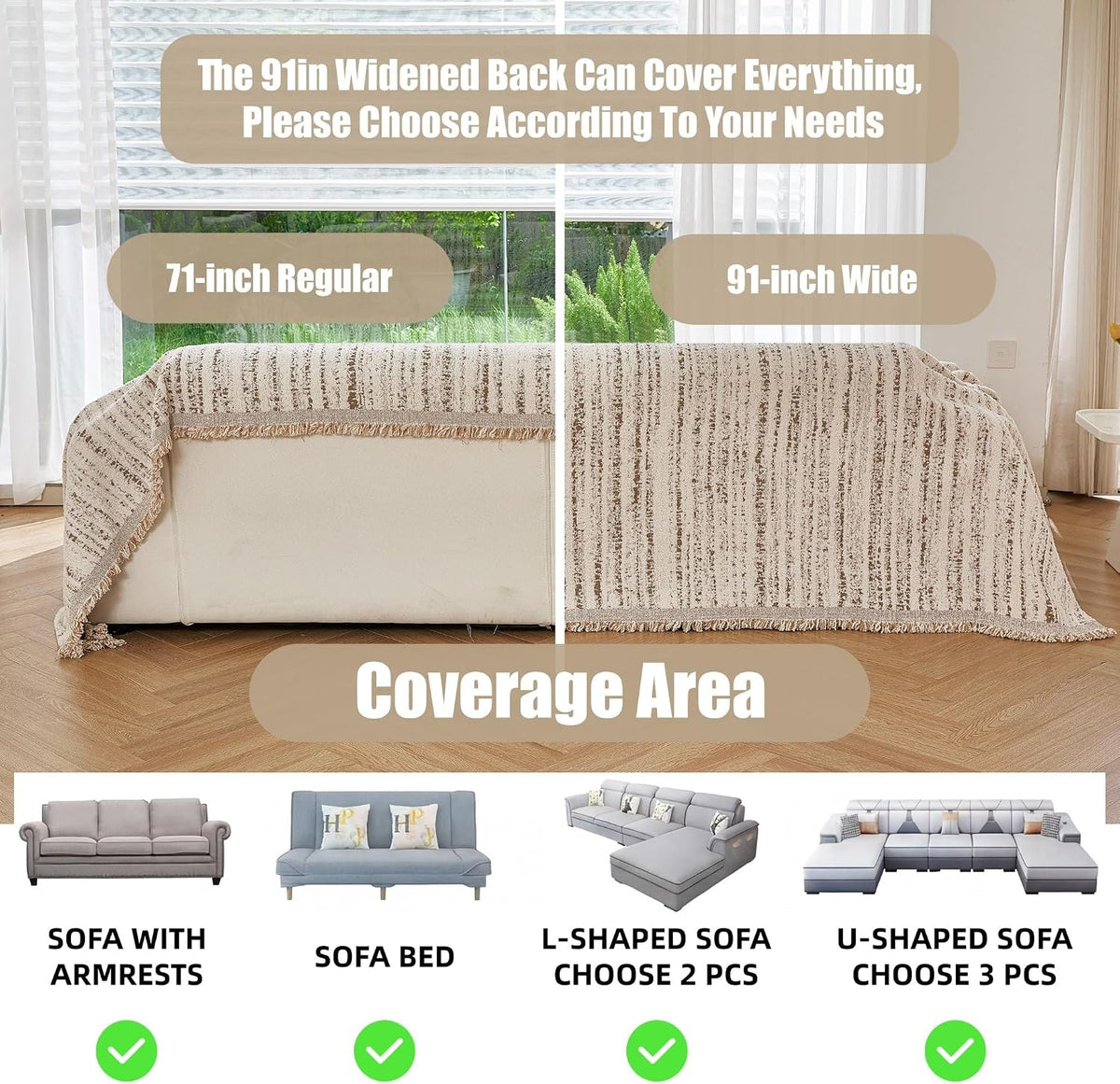 Couch Cover for Dogs Washable Sofa Cover, Sectional Couch Covers, Sofa Covers for 2 Cushion Couch, Non Slip Stripe Sofa Slipcovers Furniture Protector (Beige, 71x102)