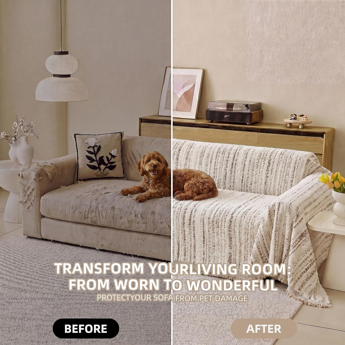 Couch Cover for Dogs Washable Sofa Cover, Sectional Couch Covers, Sofa Covers for 2 Cushion Couch, Non Slip Stripe Sofa Slipcovers Furniture Protector (Beige, 71x102)