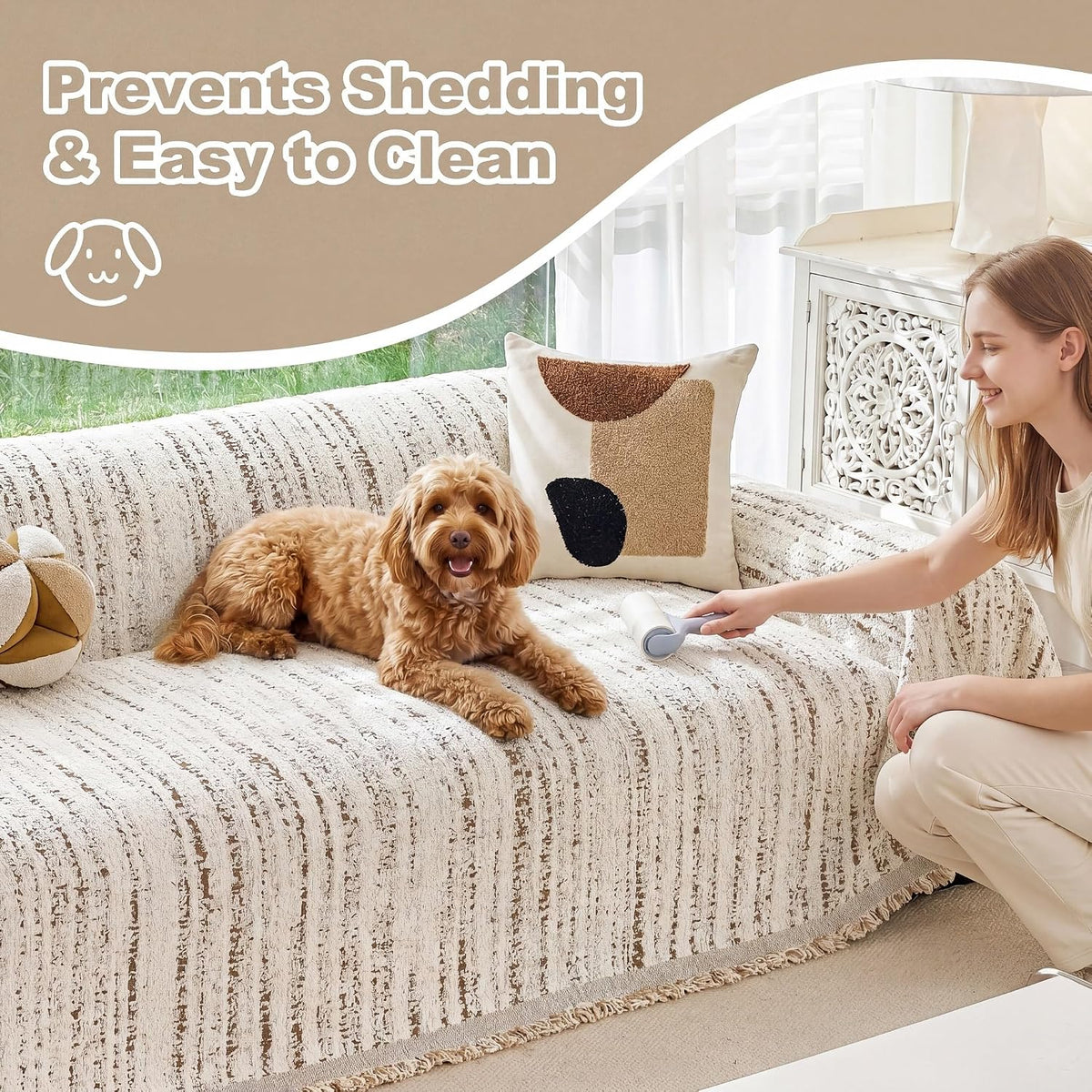 Couch Cover for Dogs Washable Sofa Cover, Sectional Couch Covers, Sofa Covers for 2 Cushion Couch, Non Slip Stripe Sofa Slipcovers Furniture Protector (Beige, 71x102)