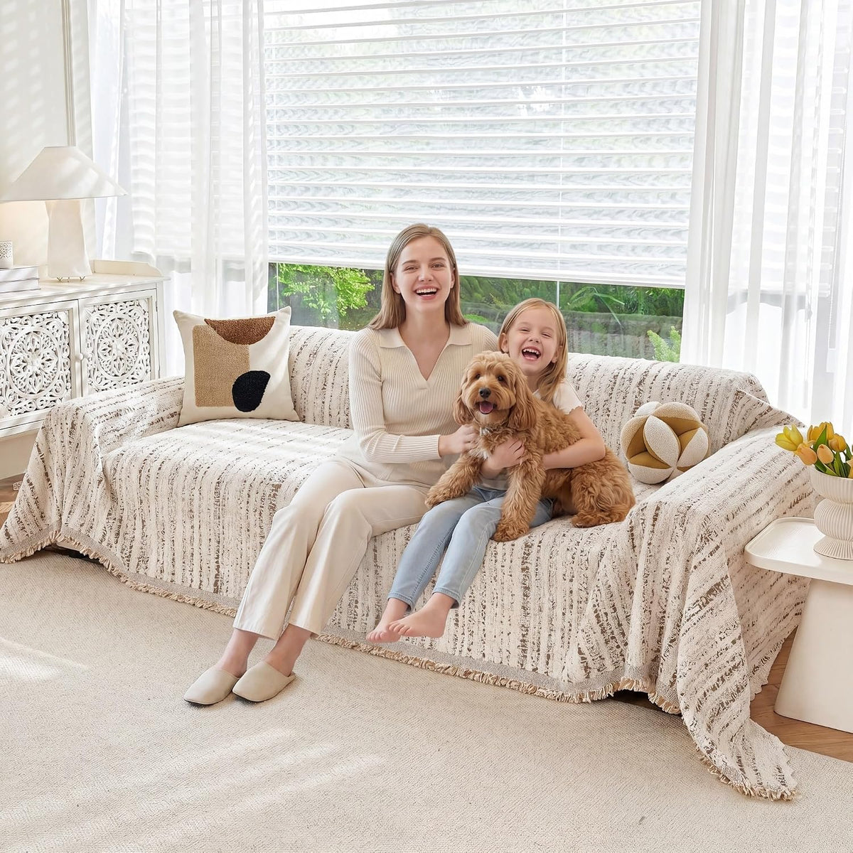 Couch Cover for Dogs Washable Sofa Cover, Sectional Couch Covers, Sofa Covers for 2 Cushion Couch, Non Slip Stripe Sofa Slipcovers Furniture Protector (Beige, 71x102)