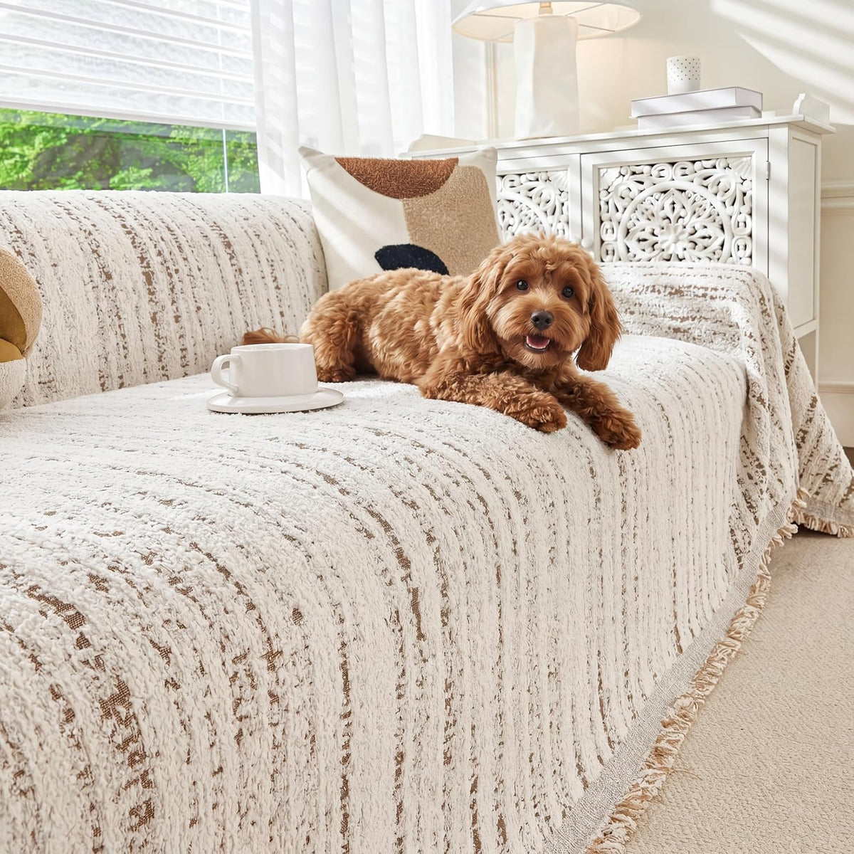 Couch Cover for Dogs Washable Sofa Cover, Sectional Couch Covers, Sofa Covers for 2 Cushion Couch, Non Slip Stripe Sofa Slipcovers Furniture Protector (Beige, 71x102)