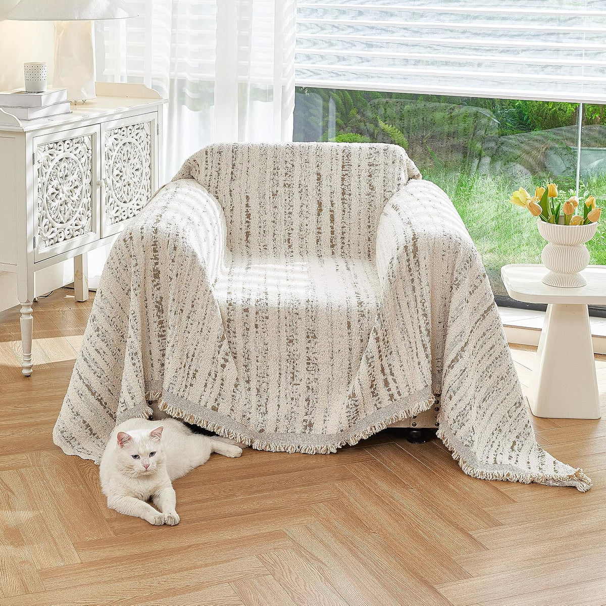 Couch Cover for Dogs Washable Sofa Cover, Sectional Couch Covers, Sofa Covers for 2 Cushion Couch, Non Slip Stripe Sofa Slipcovers Furniture Protector (Beige, 71x102)