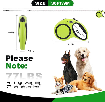 30FT Retractable Dog Leash 30 FT，360° Tangle-Free Dog Walking Leash forMedium and Large Dogs up to 77 lbs one-Hand Brake, one-Button Pause, Lock（Green）