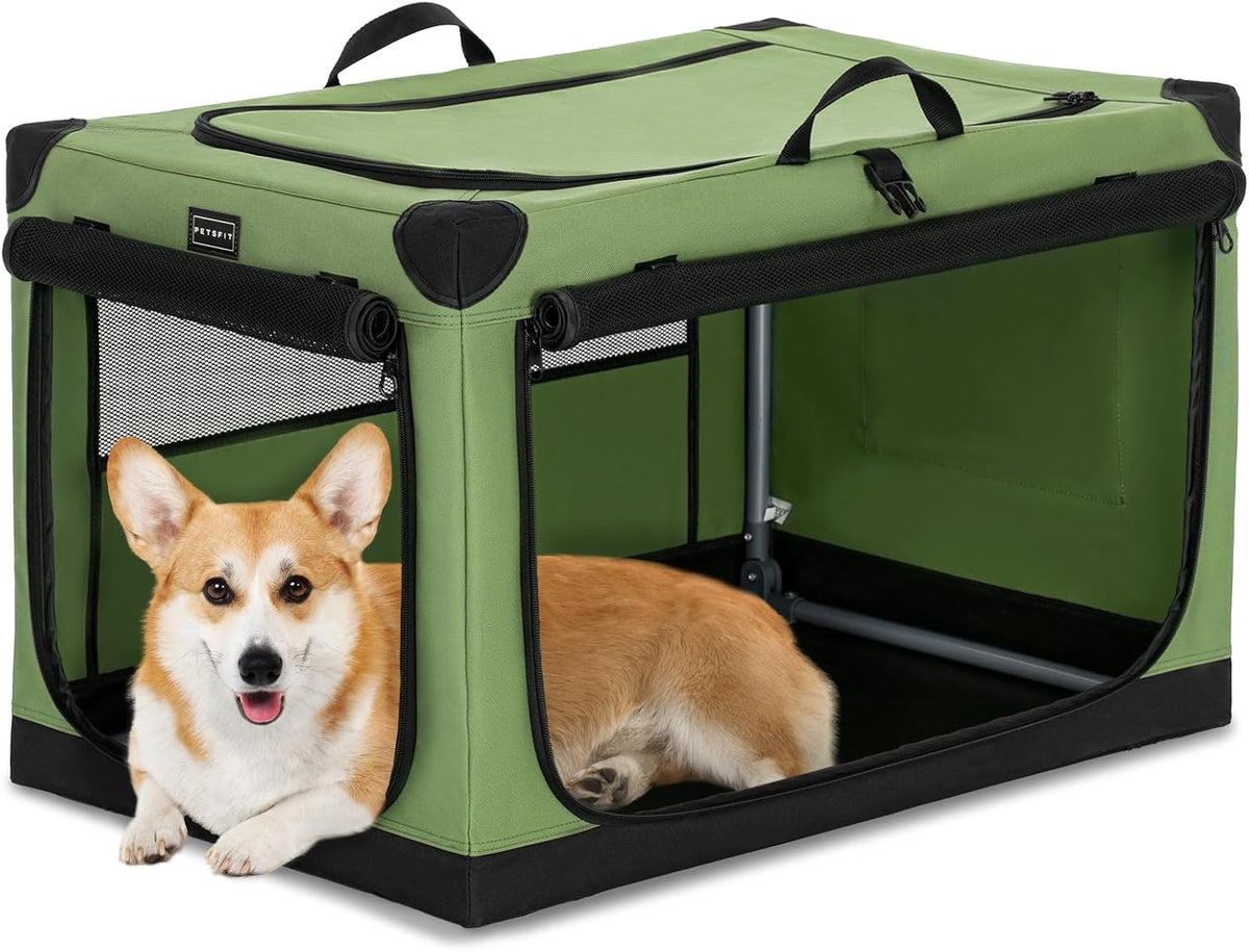 30" Soft Portable Dog Crate – Patented Spiral Sturdy Frame, Collapsible Travel Kennel for Medium Dogs, 3 Mesh Door, Lockable Zippers, Indoor & Car Use Green