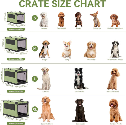 30" Soft Portable Dog Crate – Patented Spiral Sturdy Frame, Collapsible Travel Kennel for Medium Dogs, 3 Mesh Door, Lockable Zippers, Indoor & Car Use Green