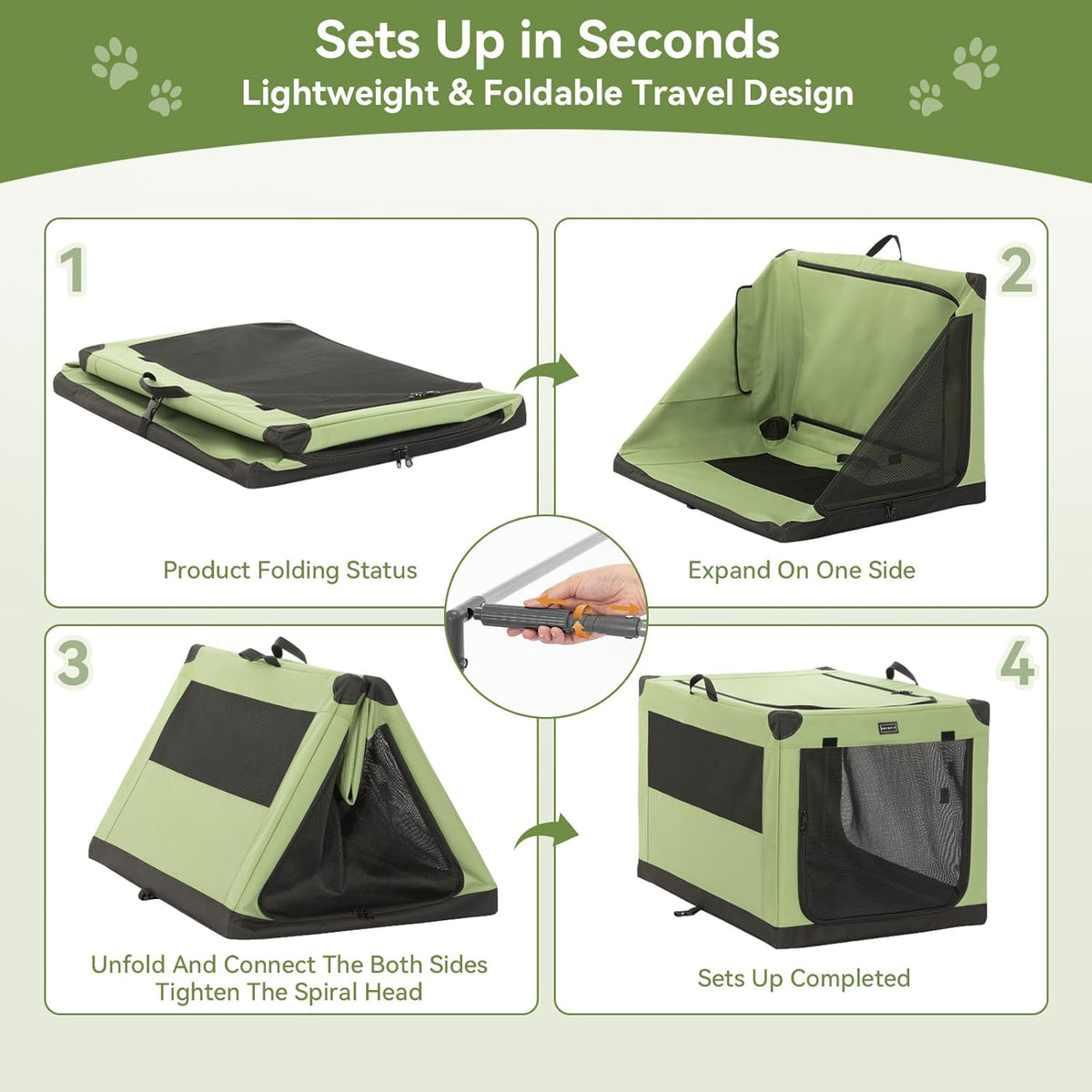 30" Soft Portable Dog Crate – Patented Spiral Sturdy Frame, Collapsible Travel Kennel for Medium Dogs, 3 Mesh Door, Lockable Zippers, Indoor & Car Use Green
