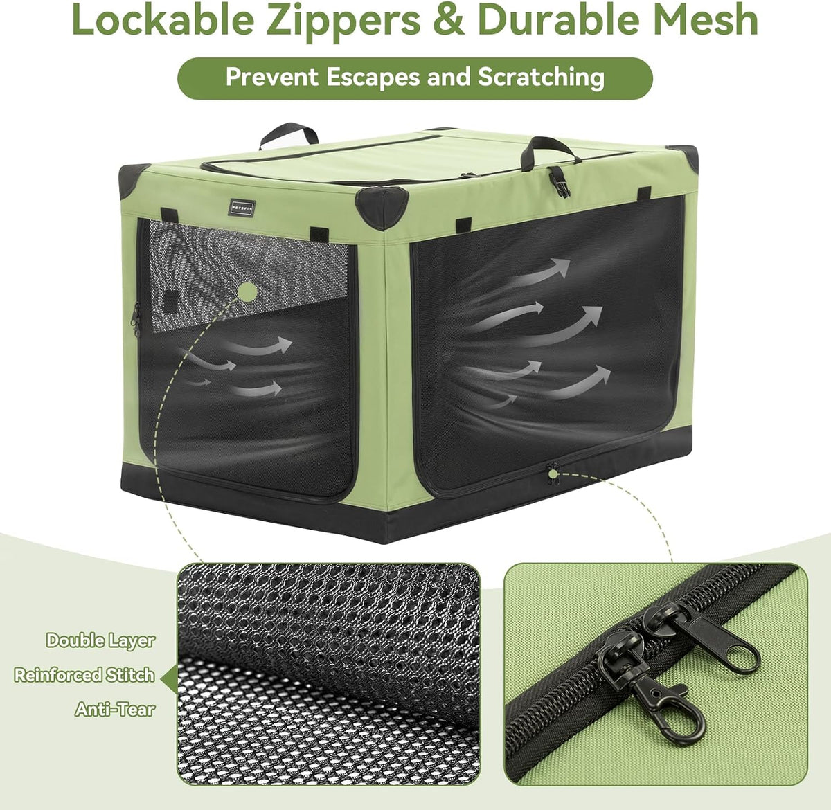 30" Soft Portable Dog Crate – Patented Spiral Sturdy Frame, Collapsible Travel Kennel for Medium Dogs, 3 Mesh Door, Lockable Zippers, Indoor & Car Use Green