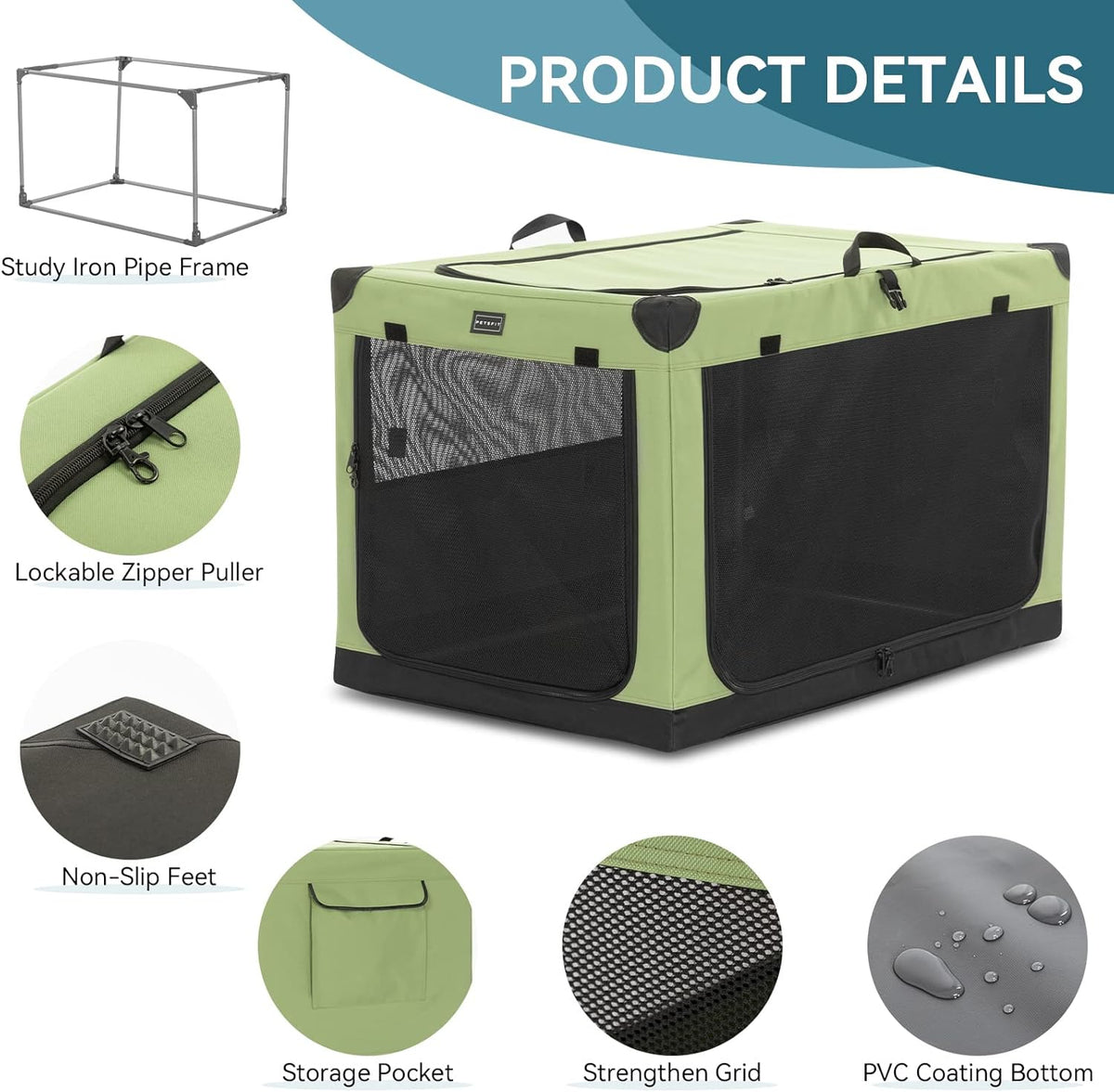 30" Soft Portable Dog Crate – Patented Spiral Sturdy Frame, Collapsible Travel Kennel for Medium Dogs, 3 Mesh Door, Lockable Zippers, Indoor & Car Use Green