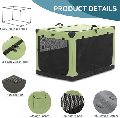 30" Soft Portable Dog Crate – Patented Spiral Sturdy Frame, Collapsible Travel Kennel for Medium Dogs, 3 Mesh Door, Lockable Zippers, Indoor & Car Use Green